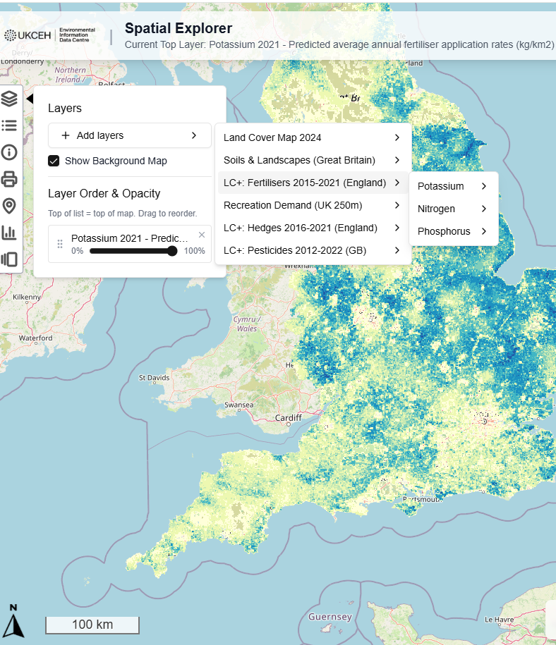Map of England showing predicted annual fertiliser use