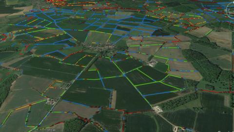 Aerial view of fields with hedgerows highlighted