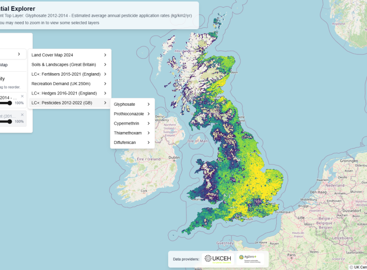 Map including the British Isles, showing layers on the Spatial Explorer including Glyphosate and hedges
